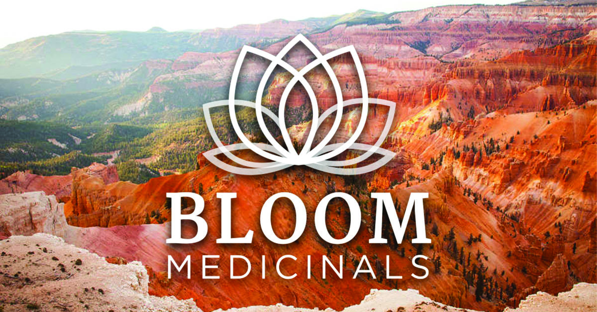 Bloom Medicinals logo on top of Utah mountains